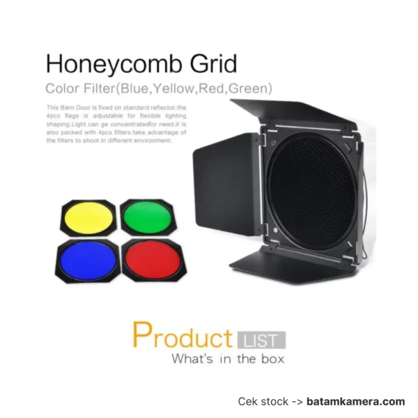 Godox BD-04 Barn Doors + Honeycomb Grid + 4 Color Gel Filter